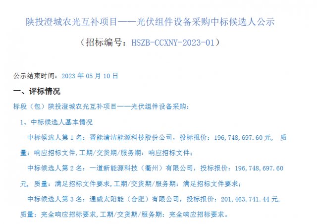 最低1.61元/W！這些企業(yè)擬中標陜投澄城農光互補項目組件采購