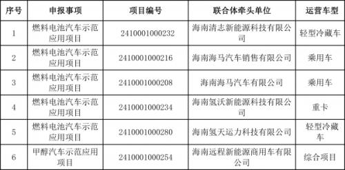 6項目入圍海南首批燃料電池汽車等技術示范應用項目